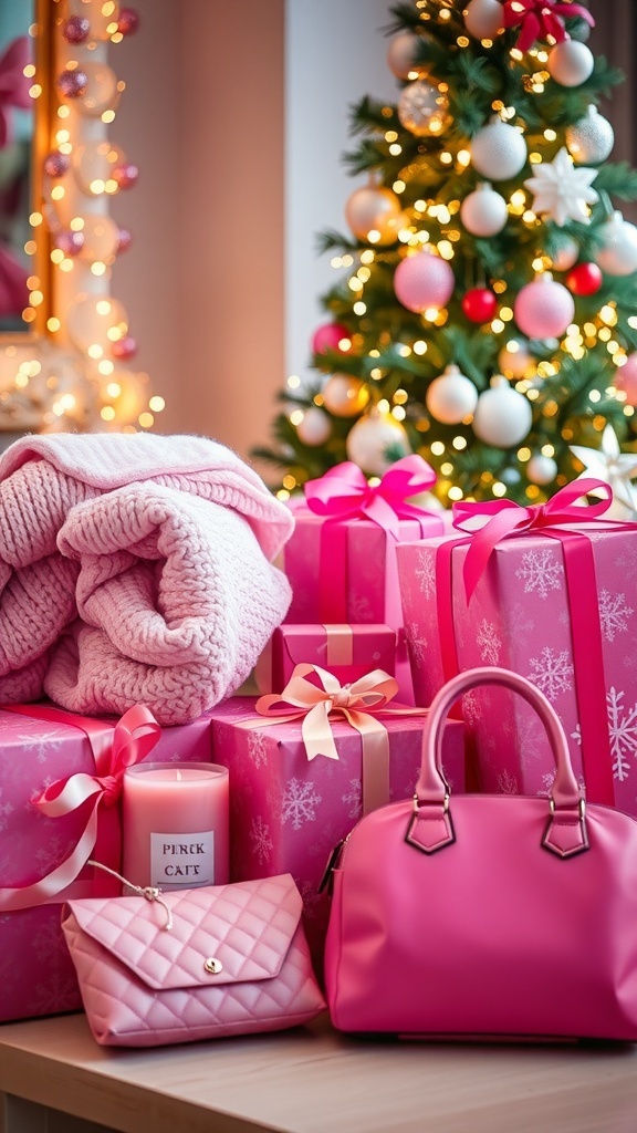 A collection of pink Christmas gifts including a throw blanket, candles, and a handbag, beautifully wrapped and arranged for the holiday season.